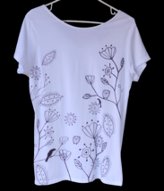 White Black Bird Owl Floral Leaves T-Shirt Tee Shirt Top Jr XL Cotton Ve... - £6.99 GBP