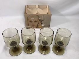 4 Vintage Libbey Accent Tawny Smoke 6 1/2 oz Wine Juice  Footed Glasses - NEW - £19.06 GBP