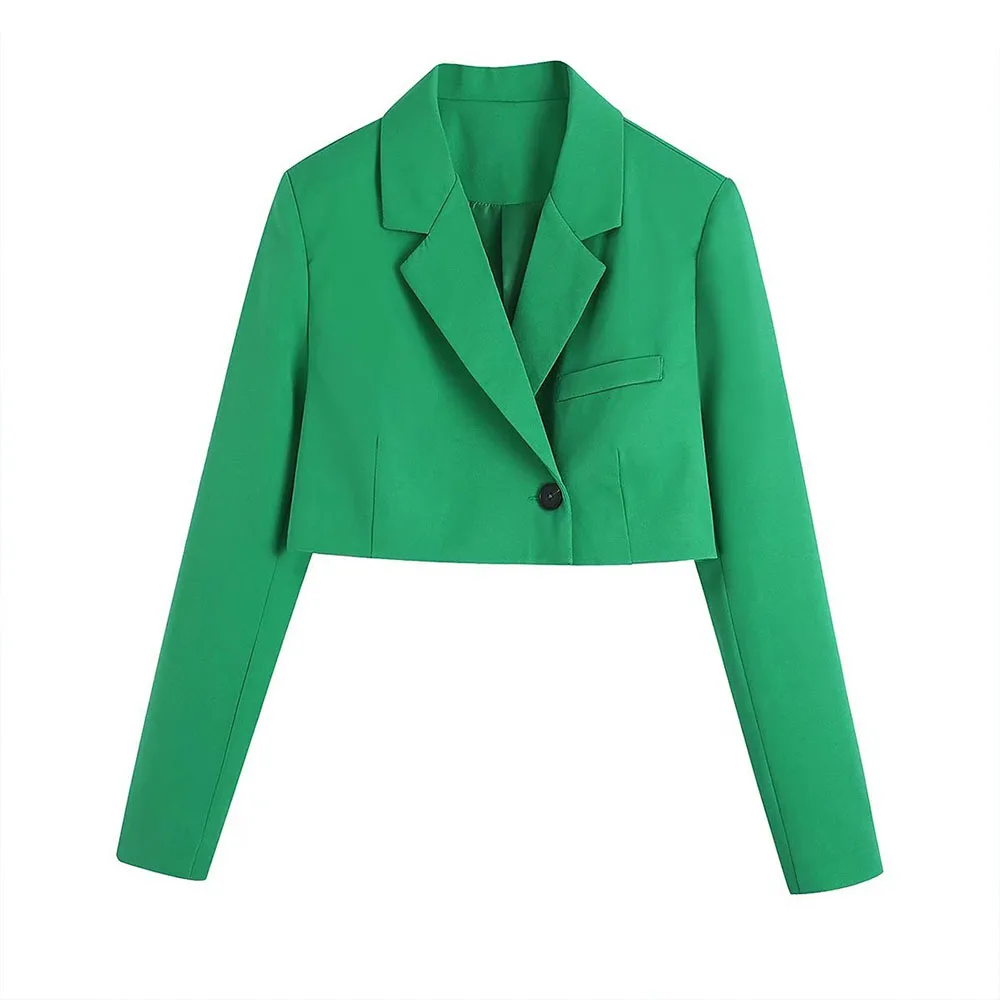 Women    Buttoned Cropped Blazer Vintage Lapel Long Sleeve Piping Pockets Female - £118.77 GBP