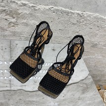 Xibeilove New Sexy Yellow Mesh High-Heeled Sandals Square-Toe Women&#39;s Cross Stra - £41.83 GBP
