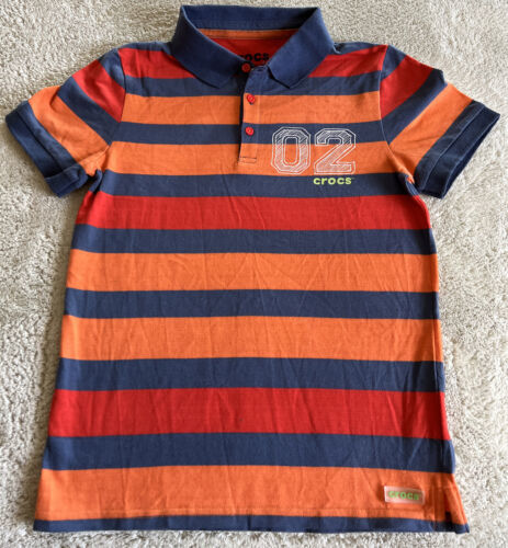 Crocs Boys Red Orange Blue Striped Collared Polo Shirt Short Sleeve 8 - $9.31