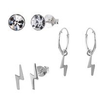 3 Pairs 925 Silver Earrings Set- Stud Earrings &amp; Lightning Bolt - £14.94 GBP