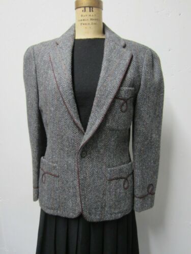 Primary image for Vtg Ralph Lauren Gray Chevron Herringbone Wool Tweed Jacket Soutache S-M 38" USA