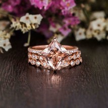 2.30Ct Princess Cut Morganite Engagement Trio Rings Set 14K Rose Gold Finish - £82.06 GBP