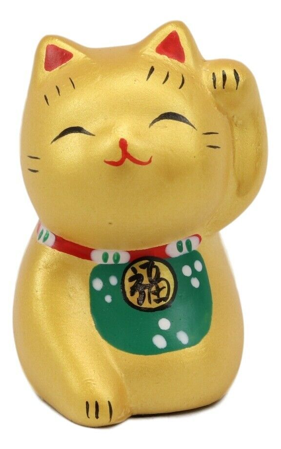 Japanese Lucky Charm Beckoning Cat Gold Maneki Neko With Baby Bib Mini Figurine