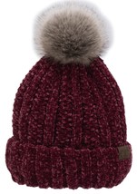 Burgundy - Beanie Chenille Thick Cable Knit Faux Fuzzy Fur Pom Fleece Lined - £23.75 GBP