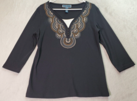 Karen Scott Blouse Top Womens Medium Black Cotton Embroidered Long Sleeve V Neck - £13.86 GBP