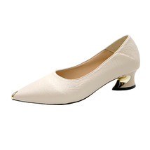 Women Leather Pumps Shoes Mid Kitten Heel Office Lady Shallow Mouth Pointy Toe S - £27.18 GBP