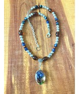 Encased Spring Nature Scene Pendant With Blue-Green Tiger Eye/Glass/Wood Beads - $29.00