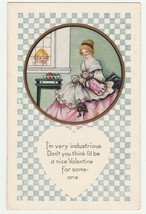 Vintage Postcard Valentine Woman Cherub at Window Very Industrious Whitn... - £7.64 GBP