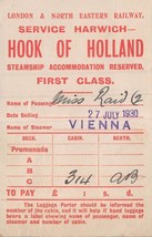 London North Eastern Railway-Hook of Holland-SS Vienna Steamer-1930 First Class - £16.04 GBP