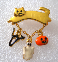 Gold Tone Cat w/ Black Cat Ghost Pumpkin Halloween Dangles Lapel Hat Pin Brooch - £11.03 GBP