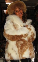 Set of white, brown Baby alpaca fur jacket with fitting fur hat, Size Medium - £682.49 GBP