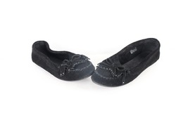 Minnetonka Womens 7.5 Distressed Suede Leather Fringed Moccasins Shoes Black - £35.19 GBP