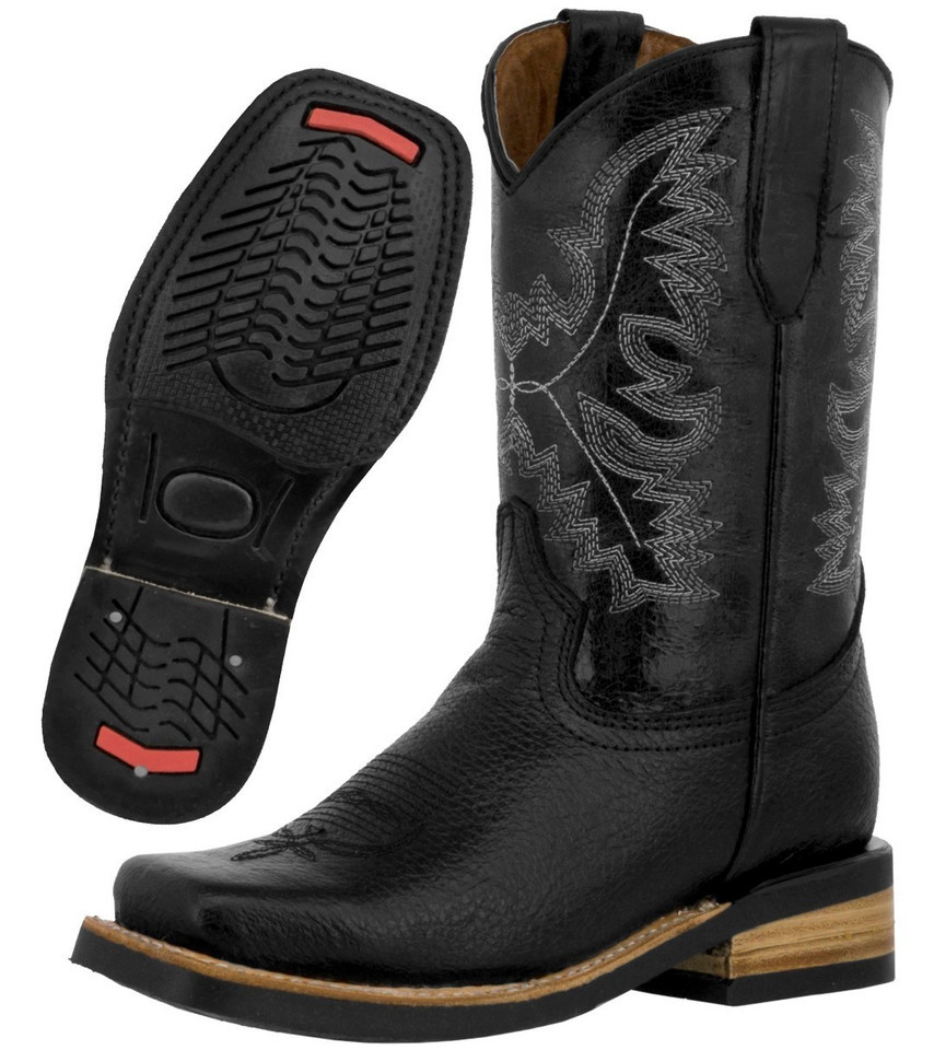 Kids Unisex Genuine Grain Leather Cowboy Boots Black Square Toe Solid Si... - $54.44