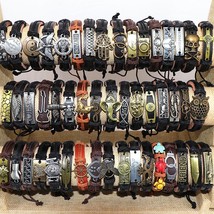 Wholesale 50pcs/Lot Leather Metal Charm Bracelets For Men Vintage Wrist Cuff Bra - £44.37 GBP