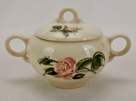 Vintage/Antique Porcelain Covered Sugar Bowl, Ring Handles, Pink Roses - $14.65