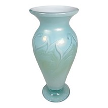 Vtg Turquoise Blue Iridescent Pulled Feather Art Glass Vase 8.5&quot; Signed ... - £223.47 GBP