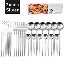 24Pcs Stainless Steel Dinnerware Cutlery Spoon Fork Knife Set (Silver) - £29.97 GBP