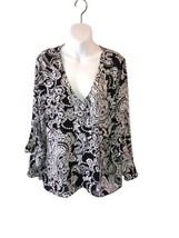 Vince Camuto White &amp; Black Floral Flutter Sleeve V Neck Blouse /Top XL - £14.78 GBP