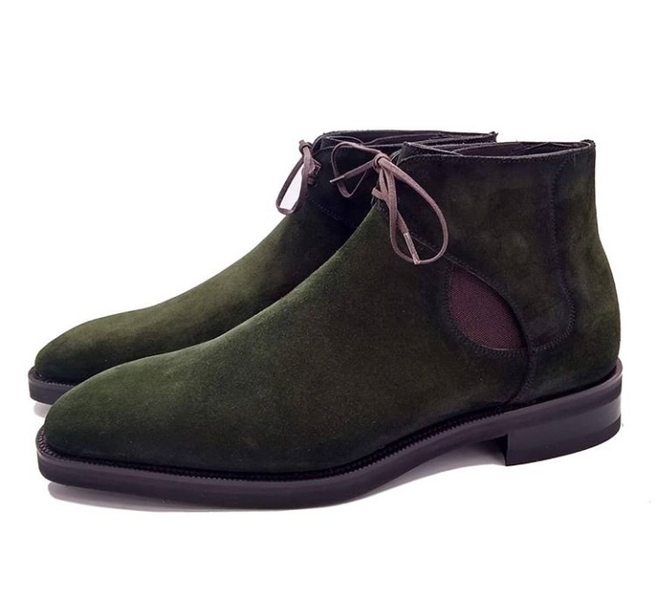 New Handmade Men's Chelsea Brogue Boot, Men's Dark Green Suede Fashion Boot 201