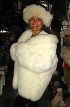 Set of a white Baby alpaca fur jacket with white and black hat, Size Large - $863.00