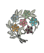 Vintage Pin Brooch Floral Bouquet Multicolor Rhinestones Rhodium Plate B... - $17.86 CAD