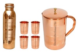 Copper Water Pitcher Jug Brass Knob 1500ML Drinking Bottle Tumbler Glass... - £55.12 GBP
