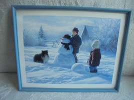 Signed Vintage Frame No Glass Snowman Boys Dog in Snow Wall Art Print 15&quot; x 19&quot; - £15.50 GBP