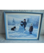 Signed Vintage Frame No Glass Snowman Boys Dog in Snow Wall Art Print 15... - £15.47 GBP