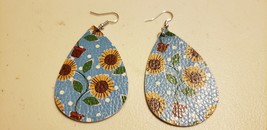 Faux Leather Dangle Earrings (New) Potted Sunflowers On Blue #27 - £4.11 GBP