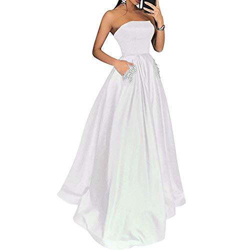 Kivary Women Strapless Beaded Pockets Satin Long Formal Evening Prom Dress White
