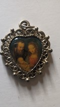 Gold tone heart shaped pendant Joseph Mary and baby Jesus Vintage Religious - £11.85 GBP
