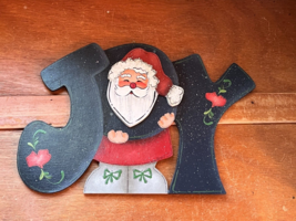 Hand Made Painted Wood Blue JOY w Santa Claus Christmas Holiday Hanging Decorati - £11.90 GBP