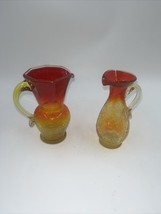 2 Vintage Amberina Red Yellow Blown Art Glass Crackle Cruet Creamer Pitcher - $31.92