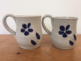 Pair Of Vtg Colonial Williamsburg Pottery Cobalt Salt Glazed Coffee Tea Mug Cups - £31.45 GBP