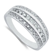 14K Oro Blanco Chapado Tres Filas Redondo Canal Diamantes Anillo de Boda 1 / 2CT - £88.68 GBP