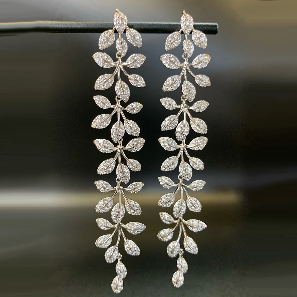 Luxury Trendy Tree Leaves Long Dangle Earrings for Women Cubic Zircon Je... - £54.93 GBP