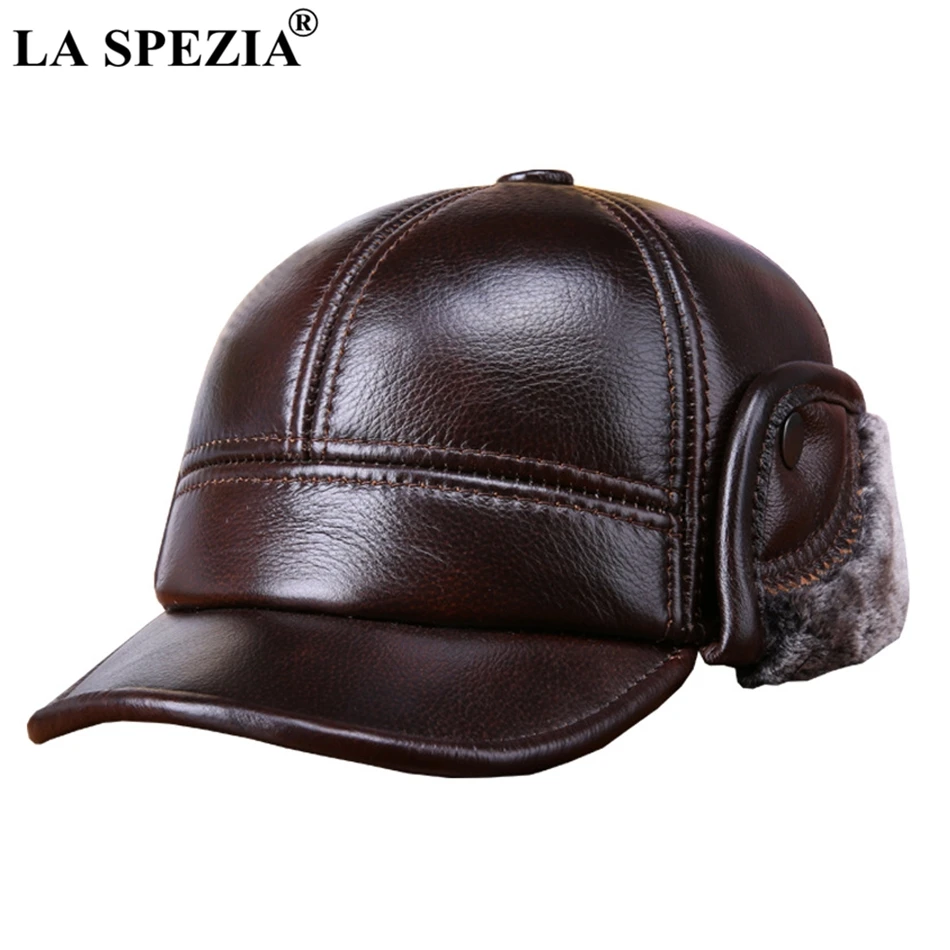 LA SPEZIA Winter Baseball Caps with Fur Earflaps Men Genuine Cow Leather Warm - £35.21 GBP