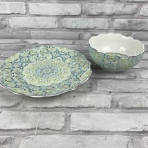 222 Fifth Lyria Teal Appetizer Plate and Bowl Set Scalloped Edges - £18.37 GBP