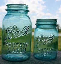 Two Vintage Blue, Ball Perfect Mason & Ball Ideal Canning Jars 1 Quart & Pint  - $8.81