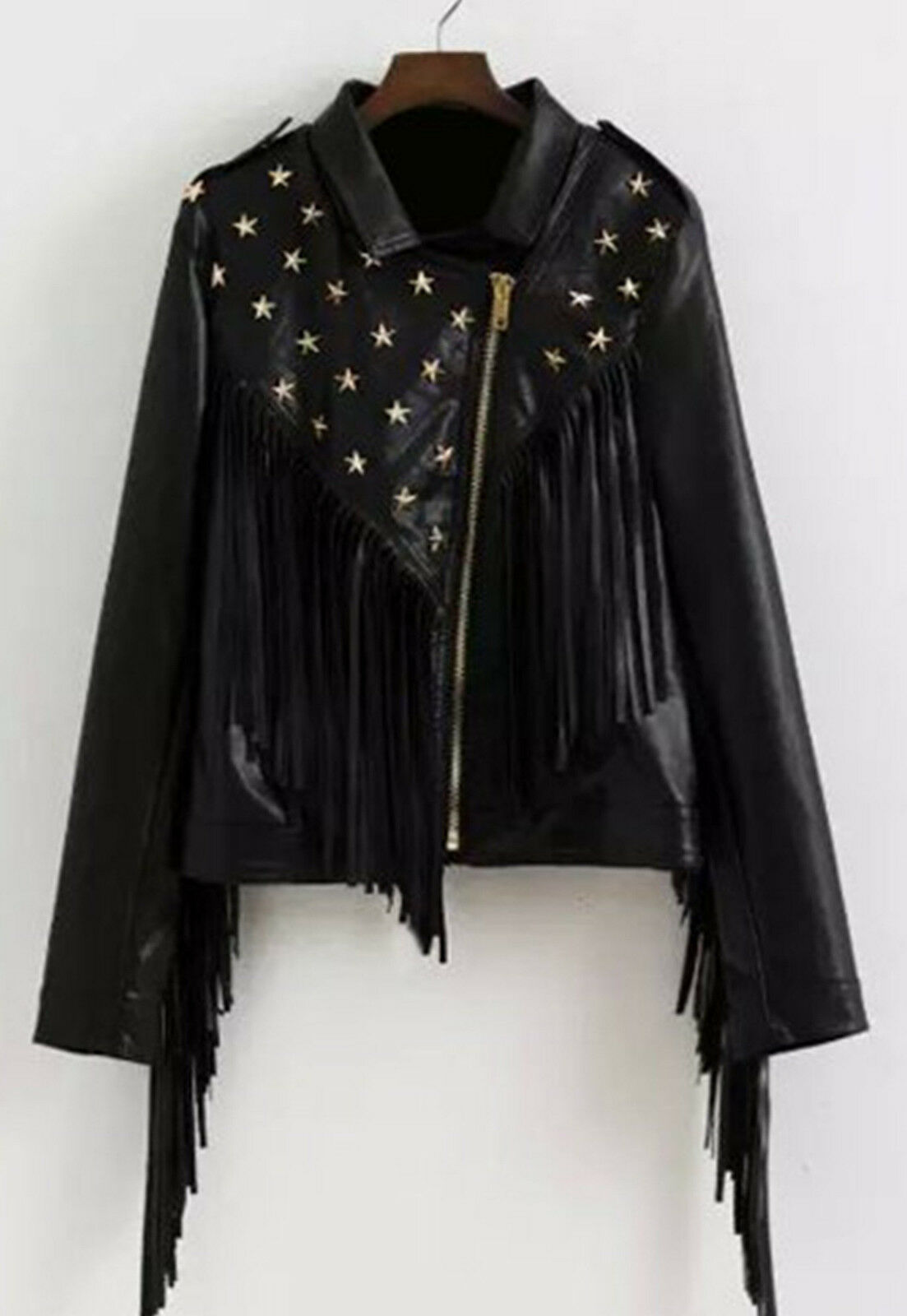 Women's Black Color Fringed Genuine Leather Silver Star Studded Handmade Jacket