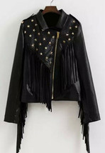 Women&#39;s Black Color Fringed Genuine Leather Silver Star Studded Handmade... - £140.58 GBP