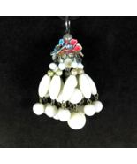 White Beaded TASSEL Vintage NECKLACE Enamel Flowers & Rhinestones Black Cord 24" - $26.72