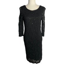 RSVP Sequin Lace Sheath Dress 10 Black Lined Round Neck Pullover Sheer Sleeves - £30.19 GBP