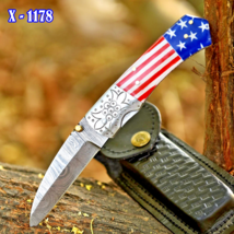 Handmade Damascus Folding Blade Pocket Knife Tactical American Flag Handle - $31.67
