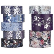 Blue Floral Washi Tape - Silver Foil Nature Washi Masking Tape Set With ... - £15.97 GBP