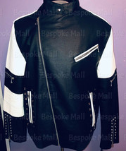 New Men&#39;s Black White Silver Studded Style Real Cowhide Biker Leather Jacket-651 - £193.01 GBP