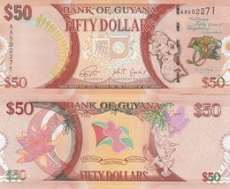 Guyana P41, $50, map, leopard / water lily, doves UNC  see UV &amp; WM  2016 - $1.99