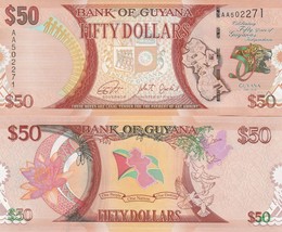 Guyana P41, $50, map, leopard / water lily, doves UNC  see UV &amp; WM  2016 - £1.49 GBP